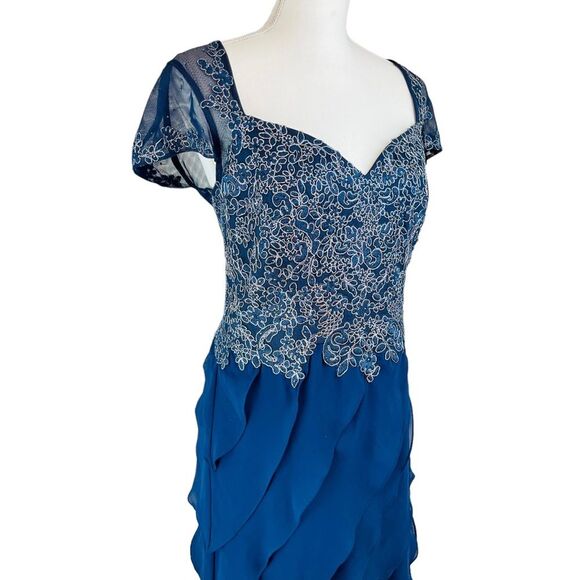 XSCAPE‎ Blue Sheer Cap Sleeve Floral Dress Gown 10 Tiered Ruffles Wedding Prom - Picture 10 of 16